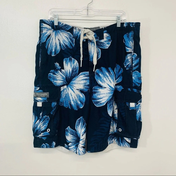 Abercrombie & Fitch Swim Shorts Trunks Men Large Cargo Pocket Floral Print Beach - Picture 2 of 12